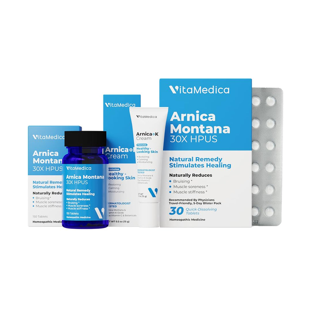 VitaMedica Arnica 30X bottle shown for post‑injury support.