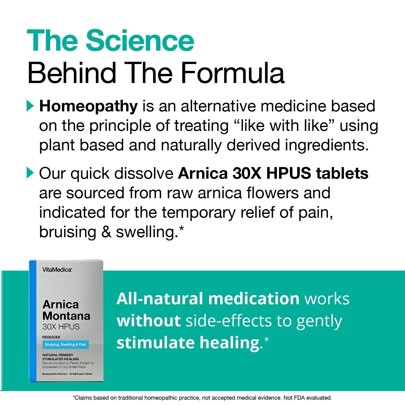 VitaMedica Arnica and Bromelain tablets close-up highlighting natural ingredients.