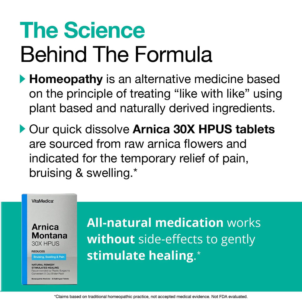 VitaMedica Arnica and Bromelain tablets close-up highlighting natural ingredients.