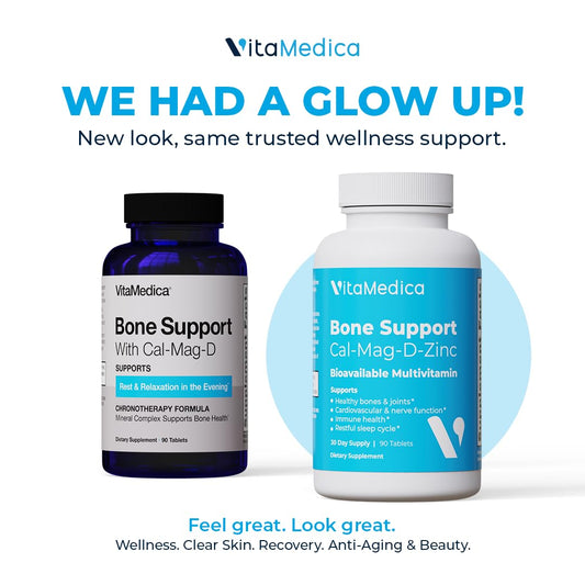 VitaMedica Bone Support label highlights chelated minerals and vitamin D for absorption.