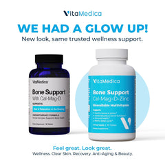 VitaMedica Bone Support label highlights chelated minerals and vitamin D for absorption.