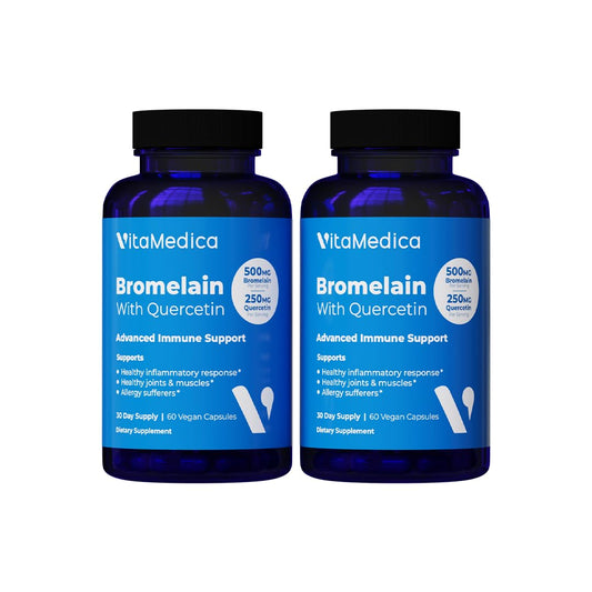 VitaMedica Bromelain & Quercetin bottle with 60 vegan capsules for immunity and recovery.