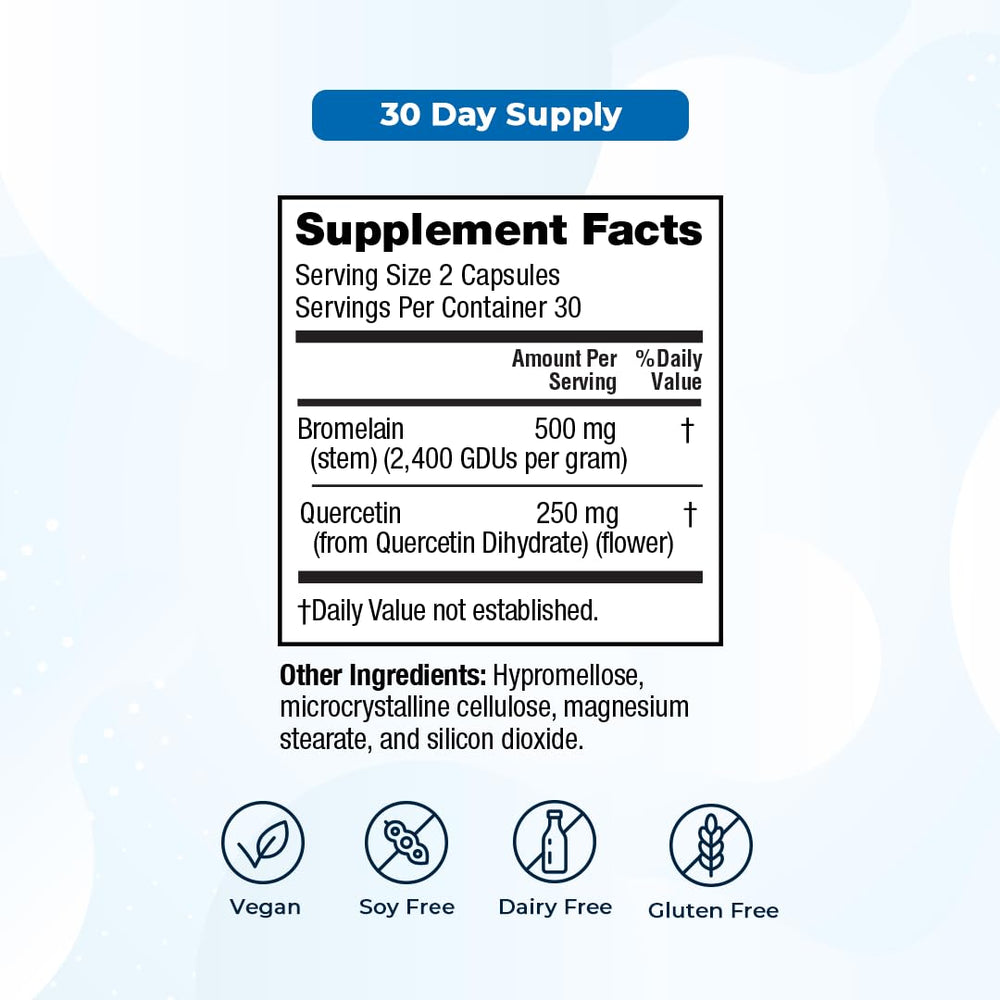 VitaMedica Bromelain & Quercetin ingredients close-up highlighting pineapple stem source.