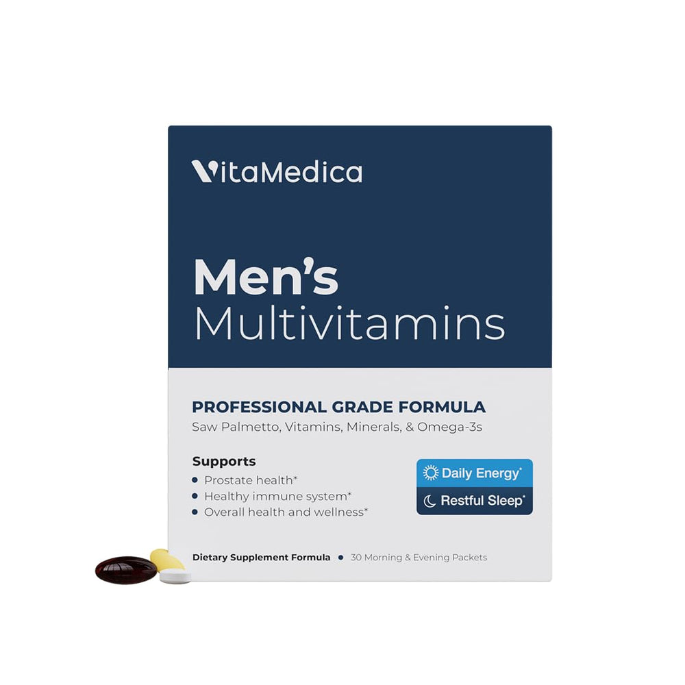 VitaMedica Men's Multivitamin bottle highlighting energy support for daily activity.