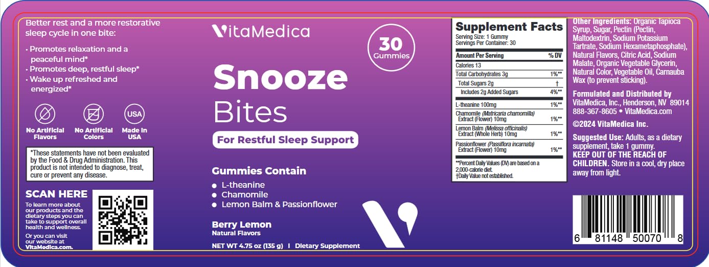 Two-pack VitaMedica Snooze Sleep Gummies packaging shown for added value.