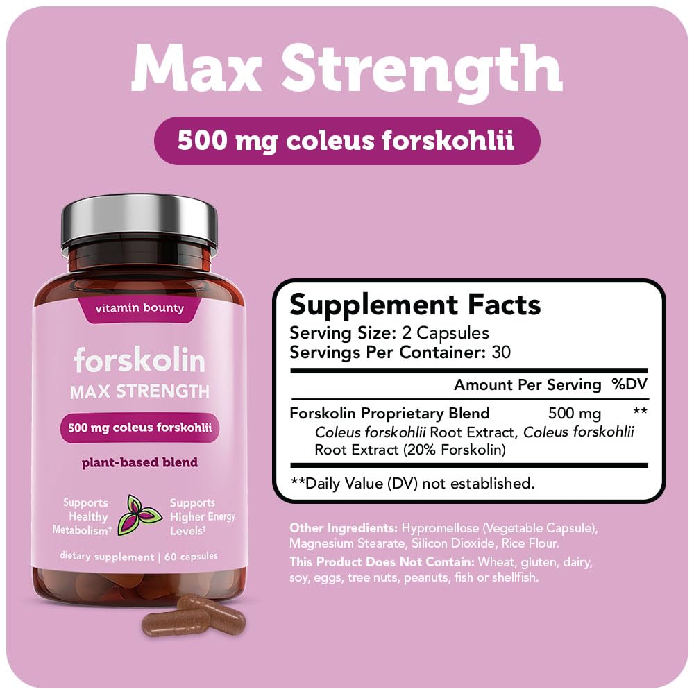 Vitamin Bounty Forskolin capsules highlighting 20% standardized potency for daily use