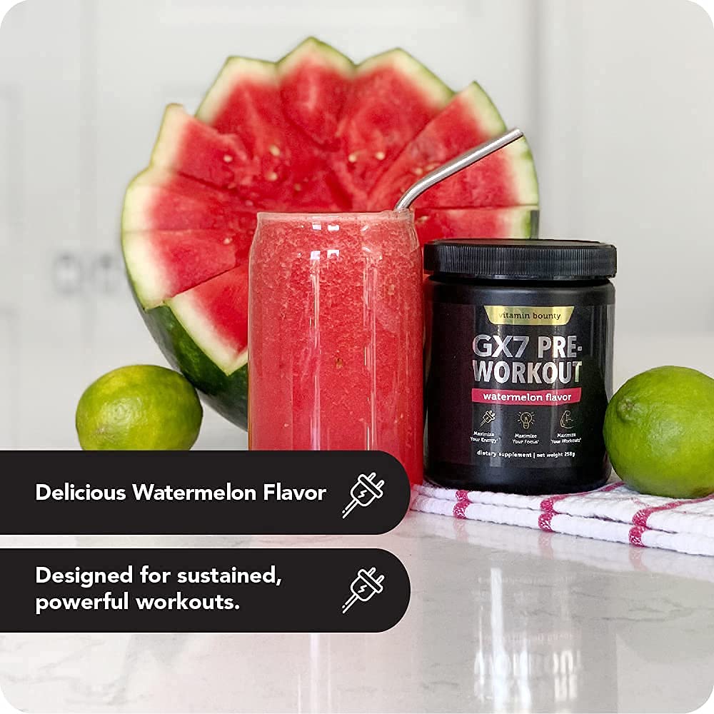 Vitamin Bounty GX7 Preworkout Dispense illustrates easy scooping for consistent servings.