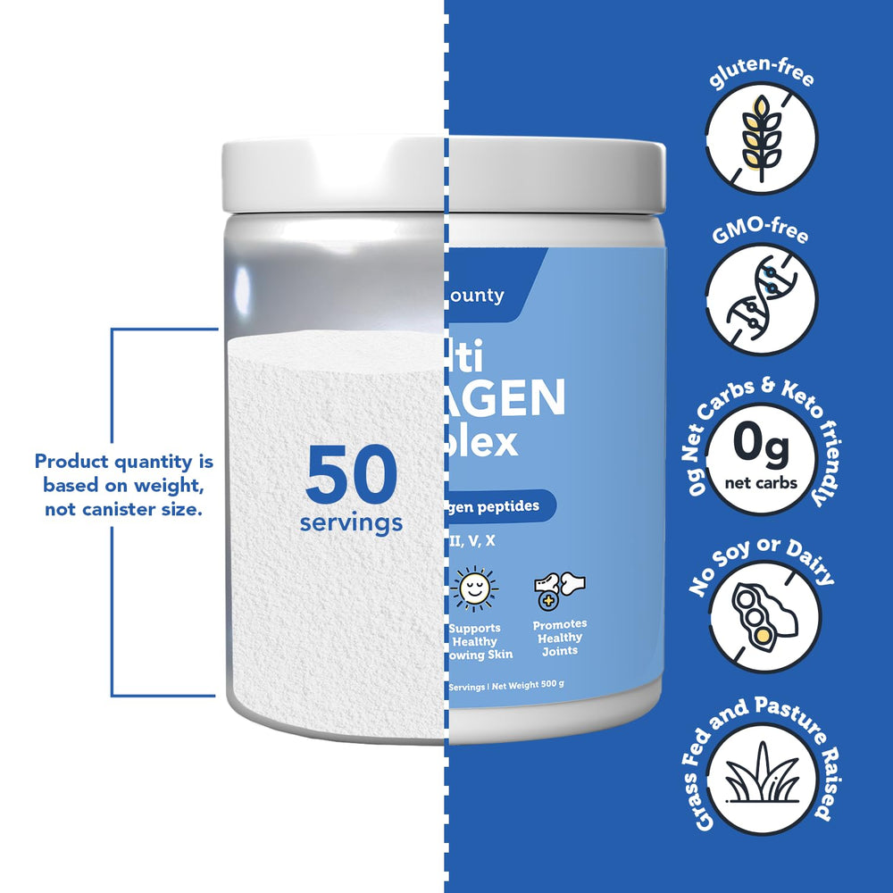 Vitamin Bounty Multi Collagen Complex ingredients icons depict five collagen types