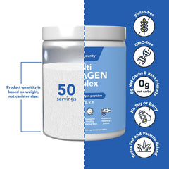 Vitamin Bounty Multi Collagen Complex ingredients icons depict five collagen types
