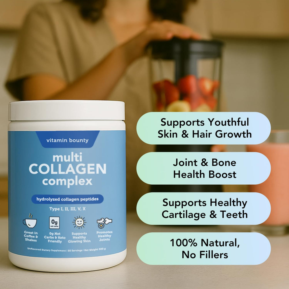 Vitamin Bounty Multi Collagen Complex scoop ready for easy beverage mixing