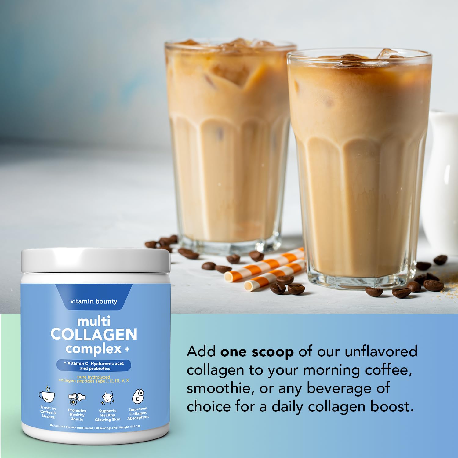 Vitamin Bounty multi-collagen peptides macro-peptides close-up highlights diverse collagen types.