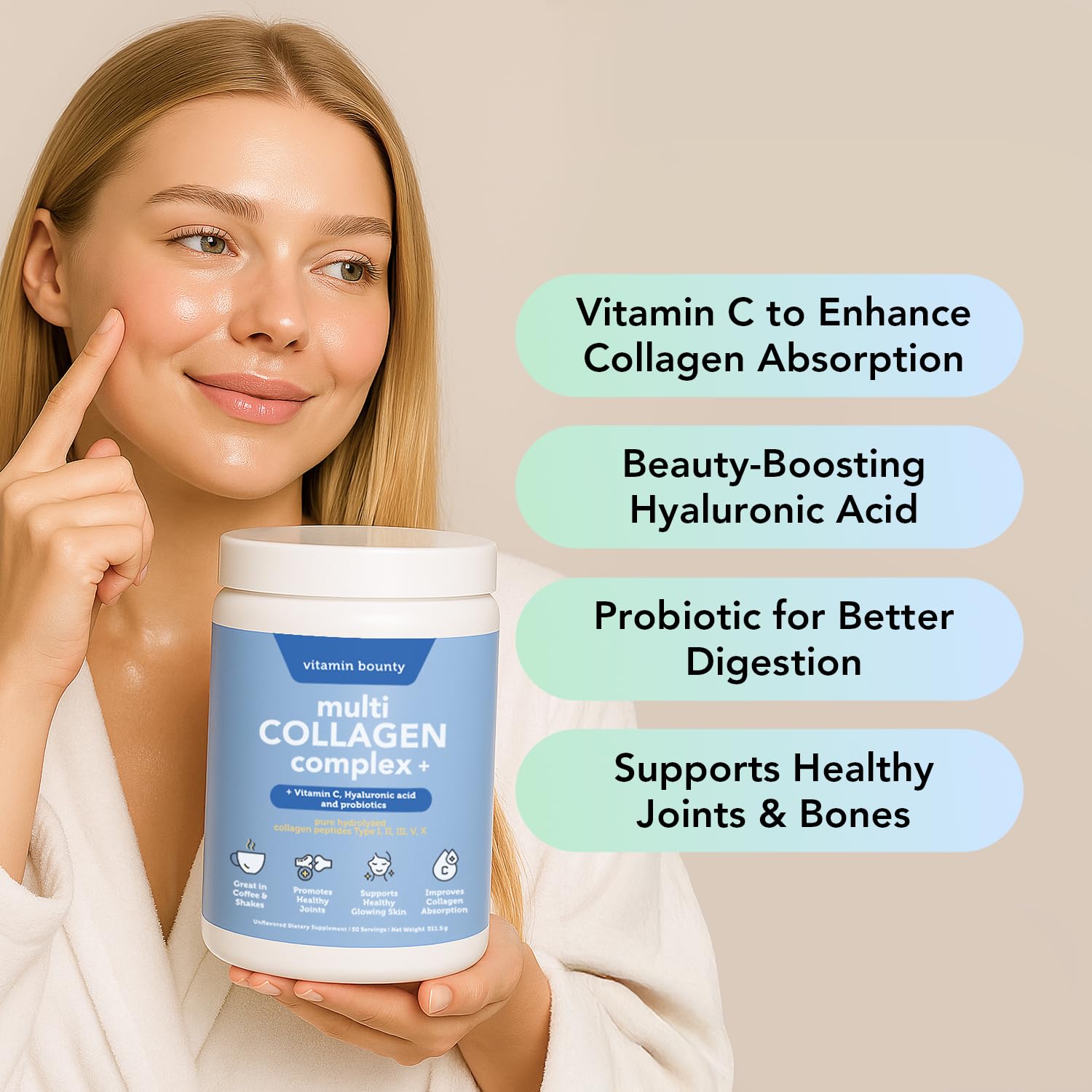 Vitamin Bounty multi-collagen peptides bottle back reveals ingredient blend for absorption and quality.