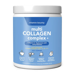 Vitamin Bounty multi-collagen peptides bottle front showcases grass-fed formula for skin and joints.