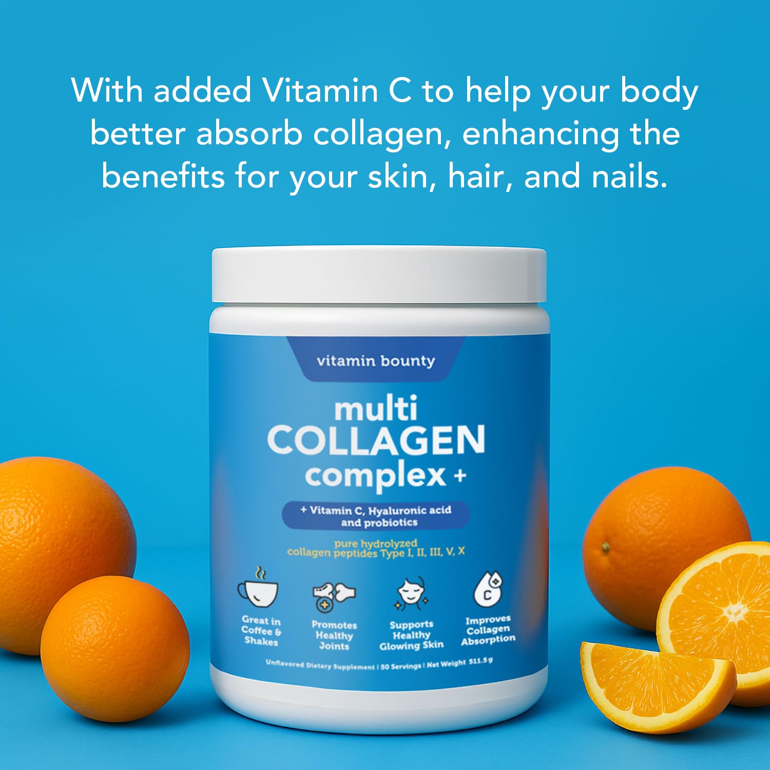 Vitamin Bounty multi-collagen peptides powder in glass demonstrates easy mixability.