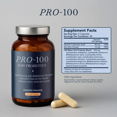 Vitamin Bounty Pro-100 label highlighting 100B CFU and 13 strains.