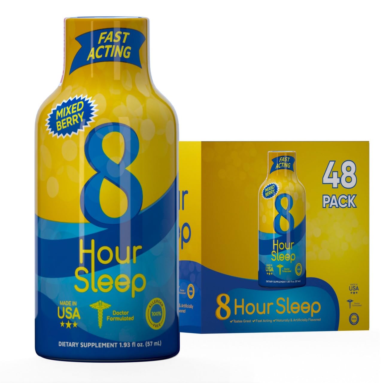Vitamin Energy 8 Hour Sleep Shot bottle, mixed berry flavor, supports nighttime relaxation.