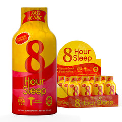 Vitamin Energy 8 Hour Sleep Shot bottle close-up highlighting strawberry lemonade flavor for nighttime calm