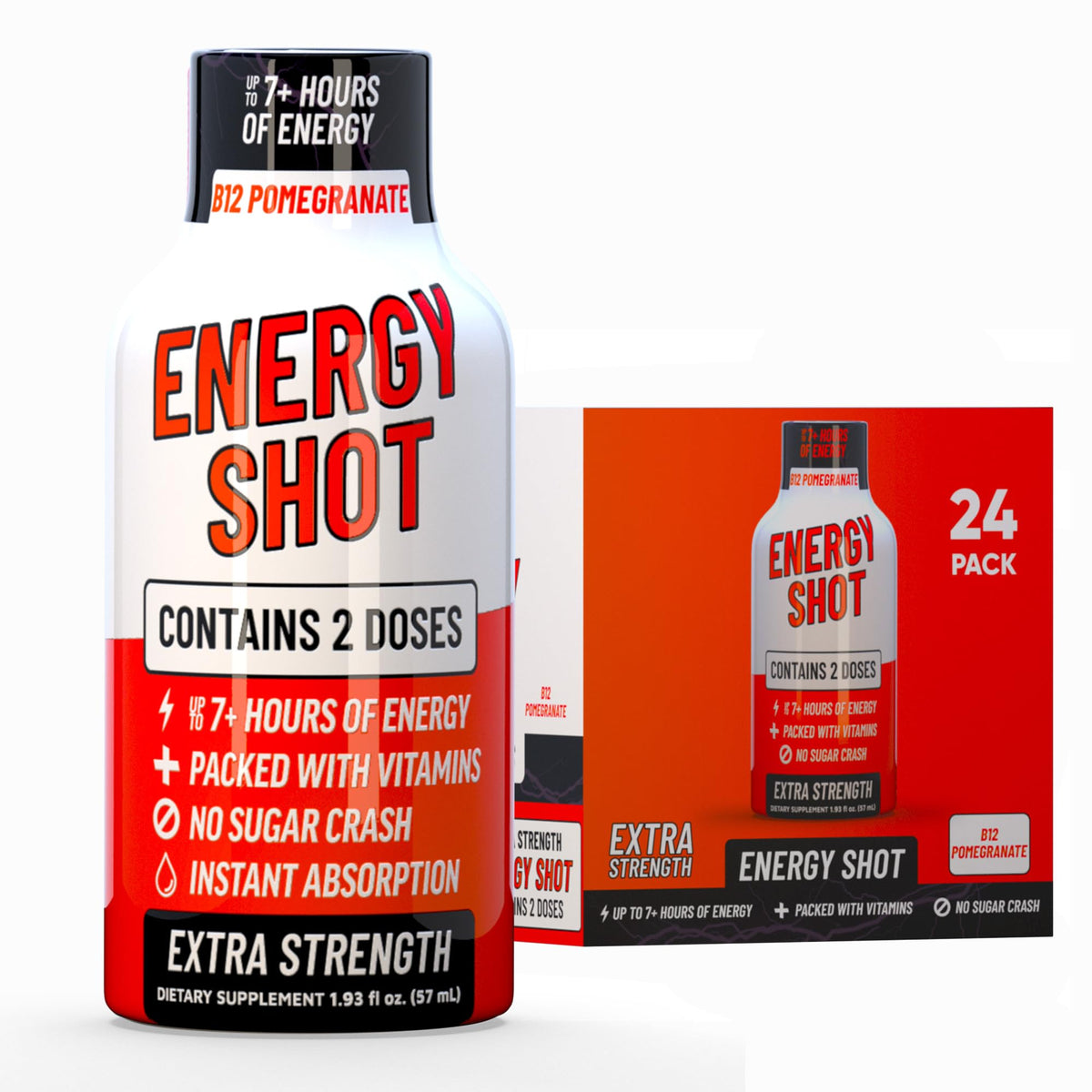 Vitamin Energy B12 Acai Pomegranate shot bottle label highlighting long-lasting energy support