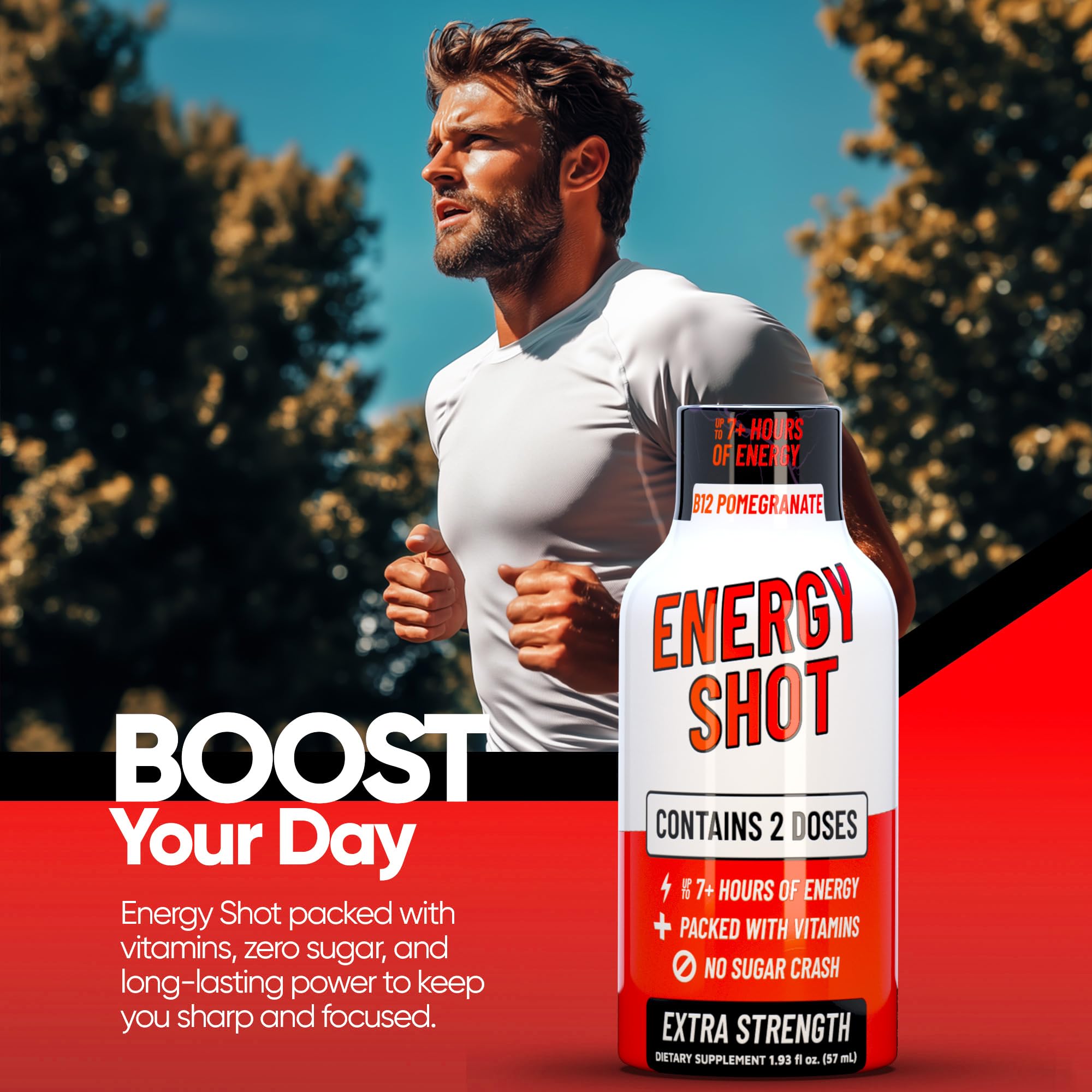 Vitamin Energy energy shot with two servings per bottle displayed on a desk