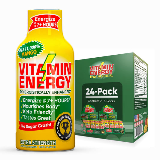 Vitamin Energy B12 energy shot mango bottle shown for quick daytime boost