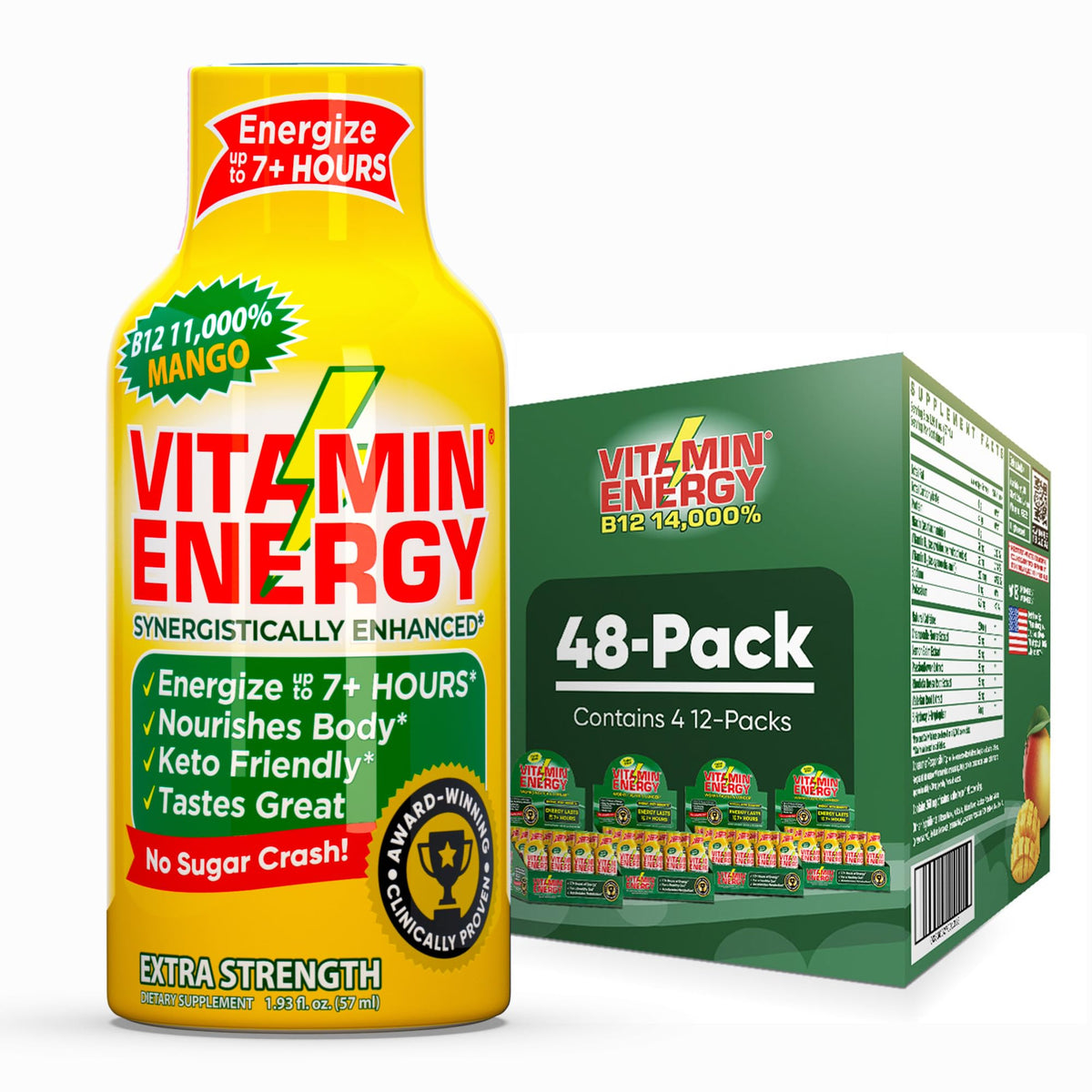 Vitamin Energy B12 Mango Shot pack front shows compact energy for on the go days