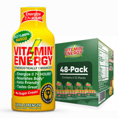Vitamin Energy B12 Mango Shot pack front shows compact energy for on the go days