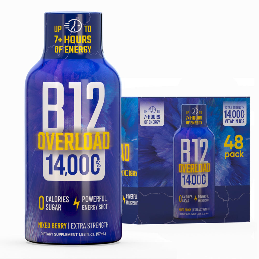 Vitamin Energy B12 Overload berry bottle on desk for steady focus.