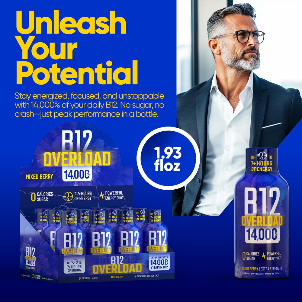 Vitamin Energy B12 Overload berry shot on breakfast table for a clean energy boost.
