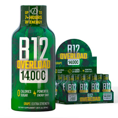 Vitamin Energy B12 Overload grape bottle on desk for energized days