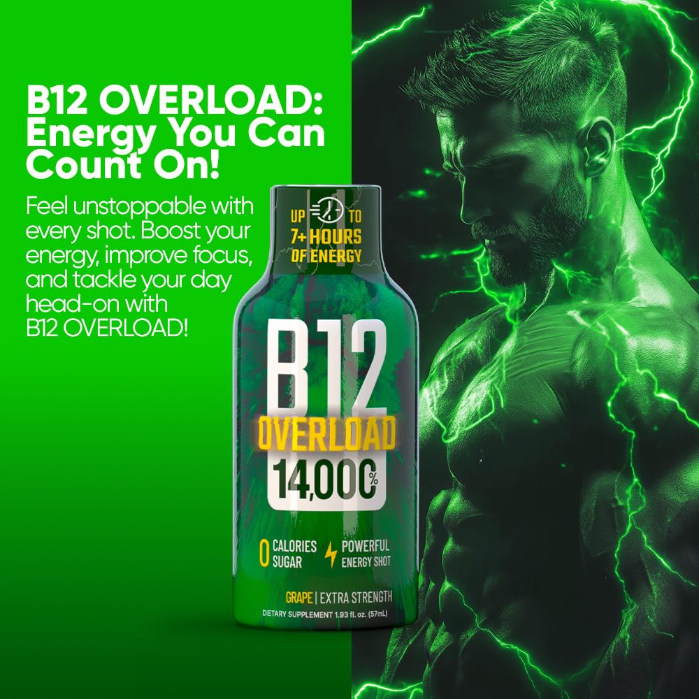 Vitamin Energy B12 Overload grape label highlights zero sugar and keto‑friendly formula