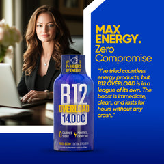 Vitamin Energy B12 Overload ready-to-drink shot with smartphone for quick recharge.