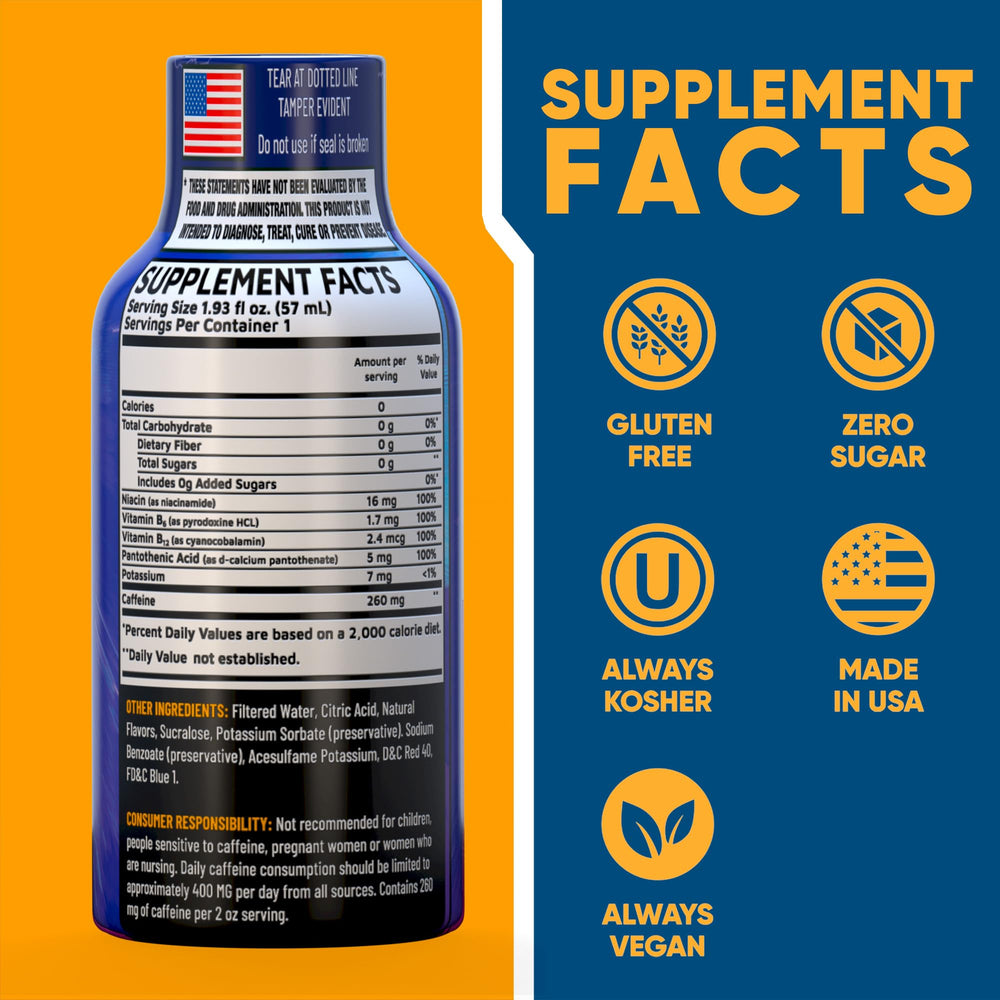 Back nutrition panel of Vitamin Energy B12 Overload shot highlighting electrolytes for hydration during activity