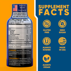 Back nutrition panel of Vitamin Energy B12 Overload shot highlighting electrolytes for hydration during activity