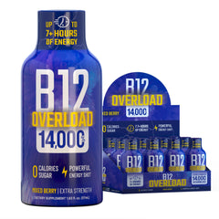 Vitamin Energy B12 Overload bottle front with mixed berry flavor for a quick energy boost