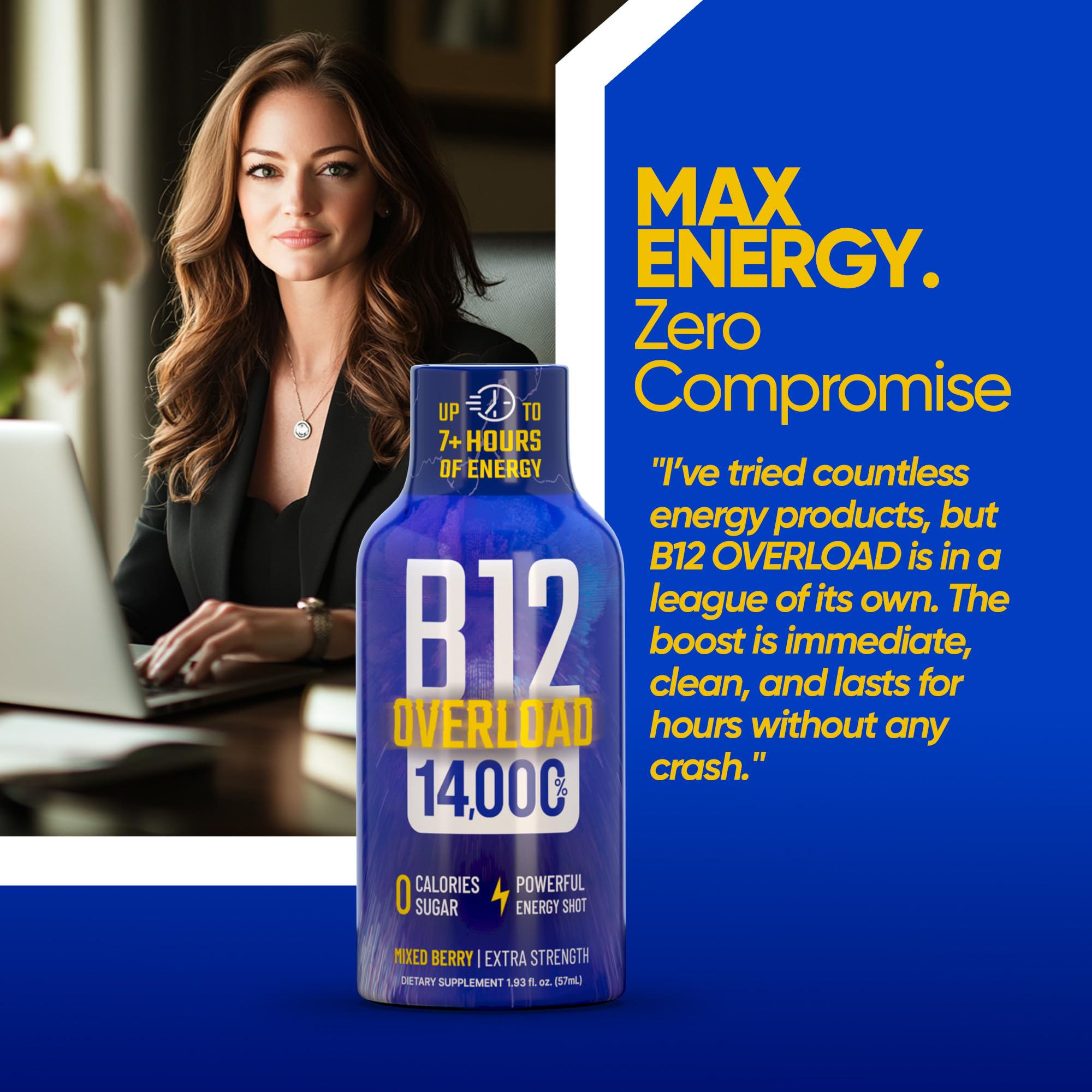 Vitamin Energy Overload in an office setting suggesting sustained energy without crash.