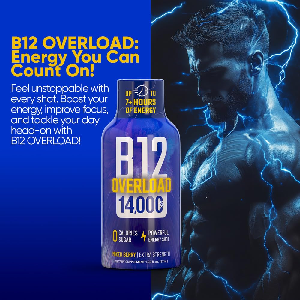 Close-up of Vitamin Energy B12 Overload label showing caffeine and B12 for alertness.