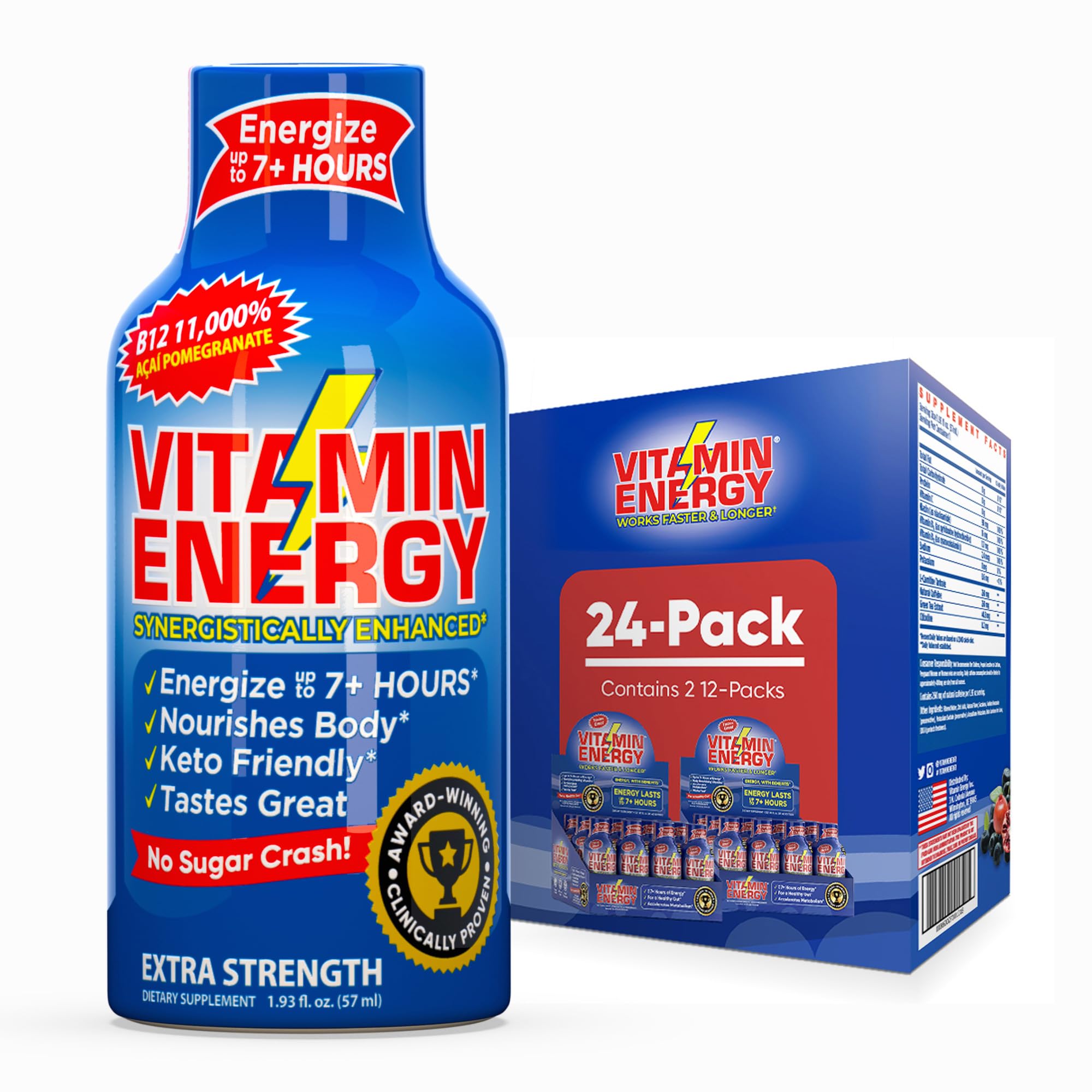 Vitamin Energy B12 Shot bottle shows acai-pomegranate flavor for on-the-go energy.