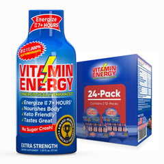Vitamin Energy B12 Shot bottle shows acai-pomegranate flavor for on-the-go energy.