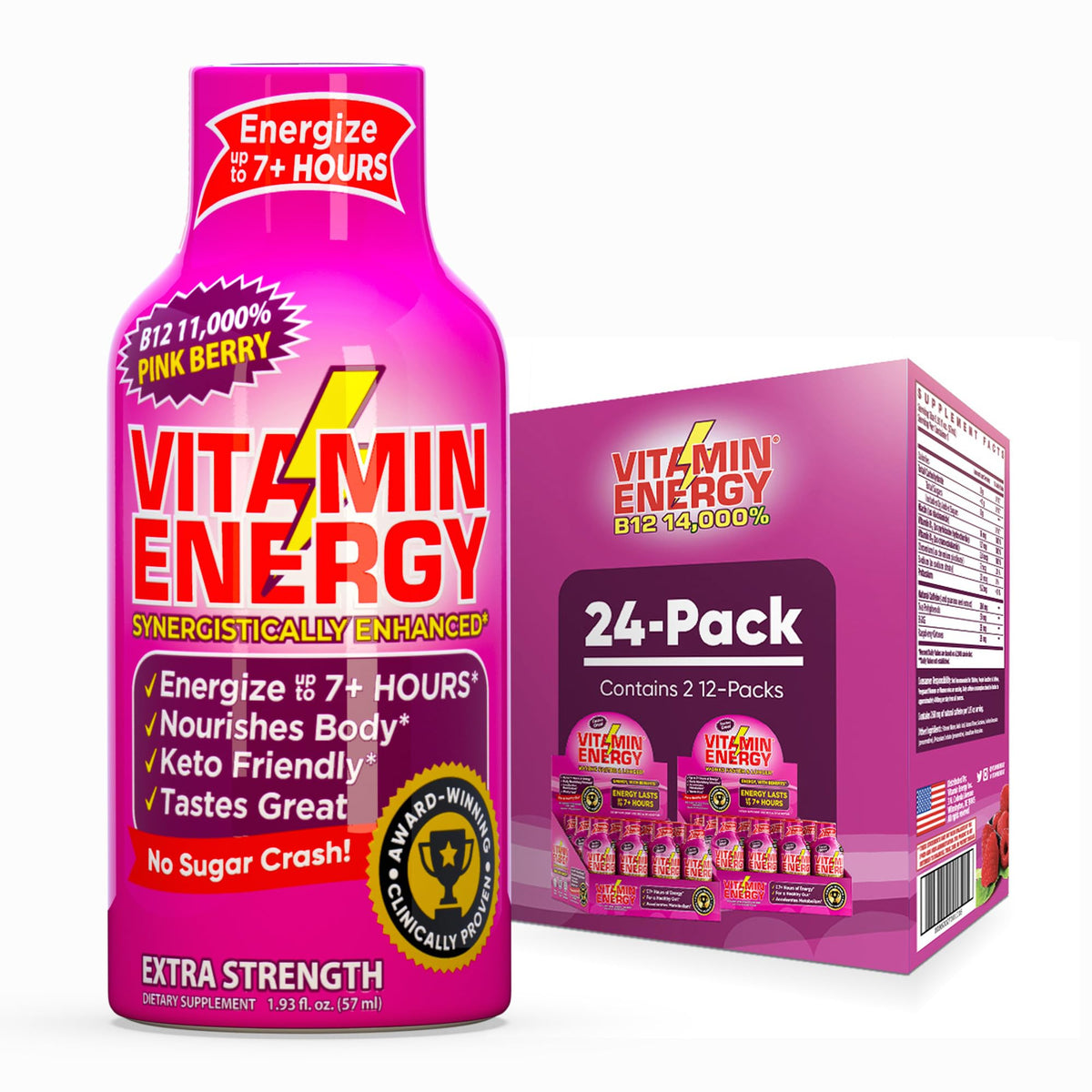 Vitamin Energy B12 shot pink berry 24-pack displayed for convenient energy.