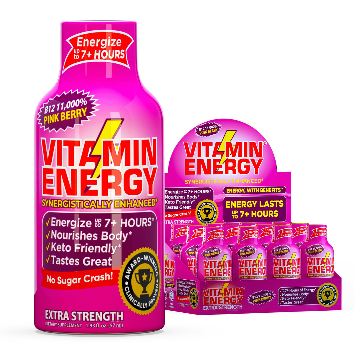 Vitamin Energy B12 Pink Berry bottle for on-the-go focus and sustained energy.