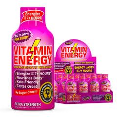 Vitamin Energy B12 Pink Berry bottle for on-the-go focus and sustained energy.