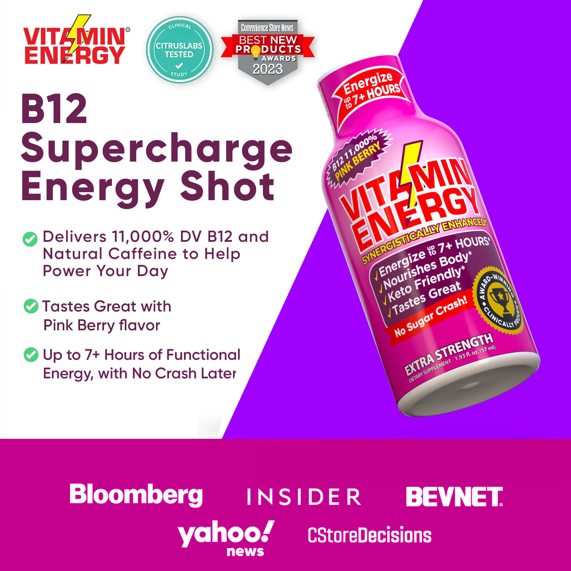 Vitamin Energy B12 Pink Berry caffeine content close-up highlights 260 mg plant-based caffeine.