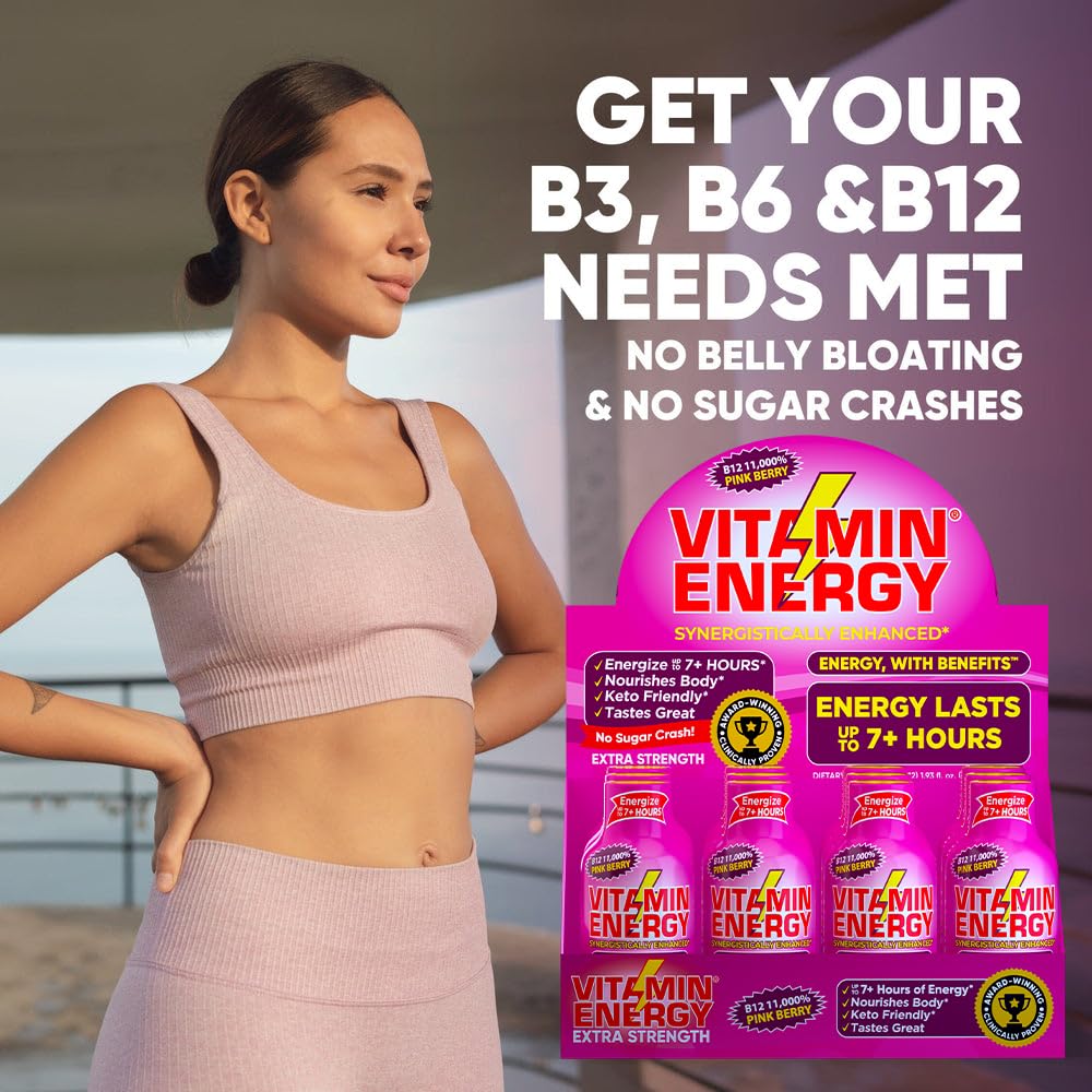 Vitamin Energy B12 shot pink berry cap close-up.