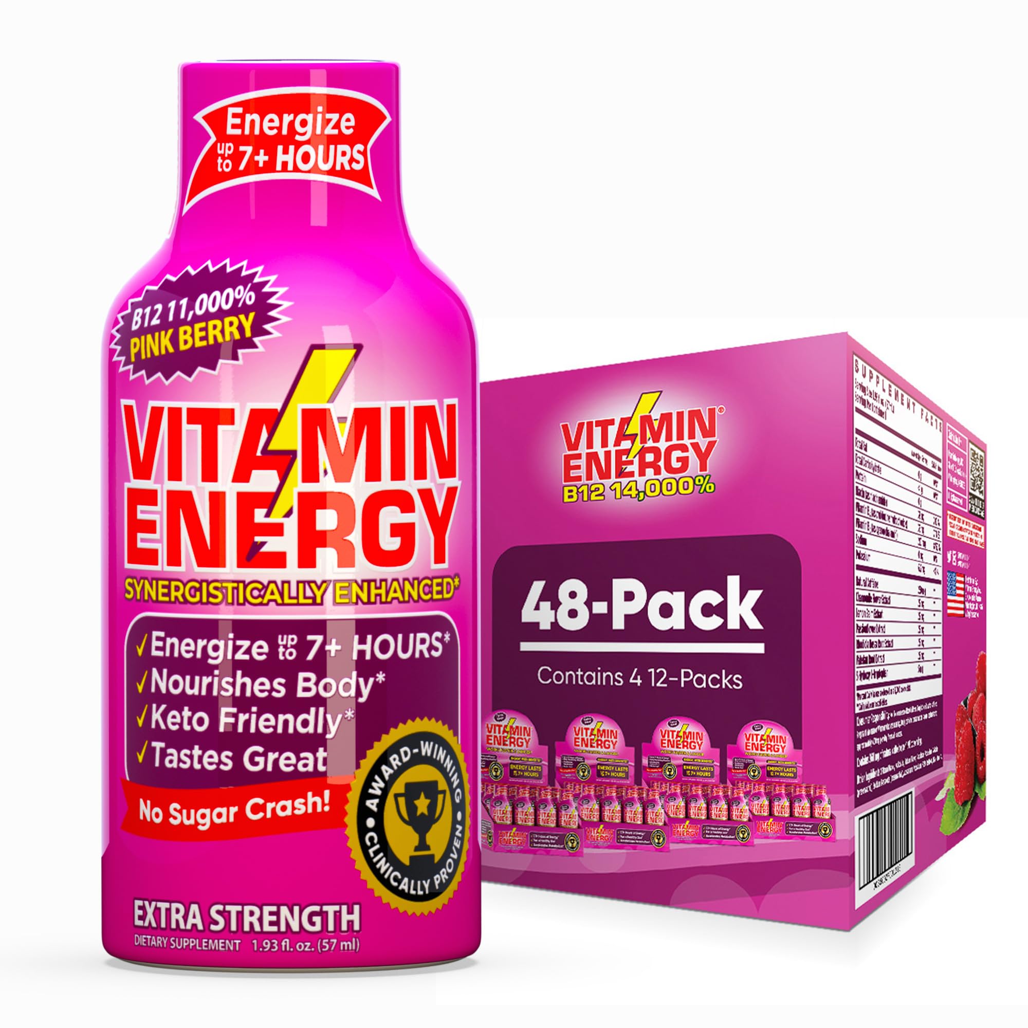 Vitamin Energy B12 pink-berry compact bottle for quick morning energy