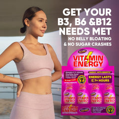 Vitamin Energy B12 Pink Berry ingredients image shows B12, B6, Taurine, L-Theanine.