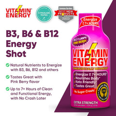 Vitamin Energy B12 pink-berry shot on kitchen counter for quick energy