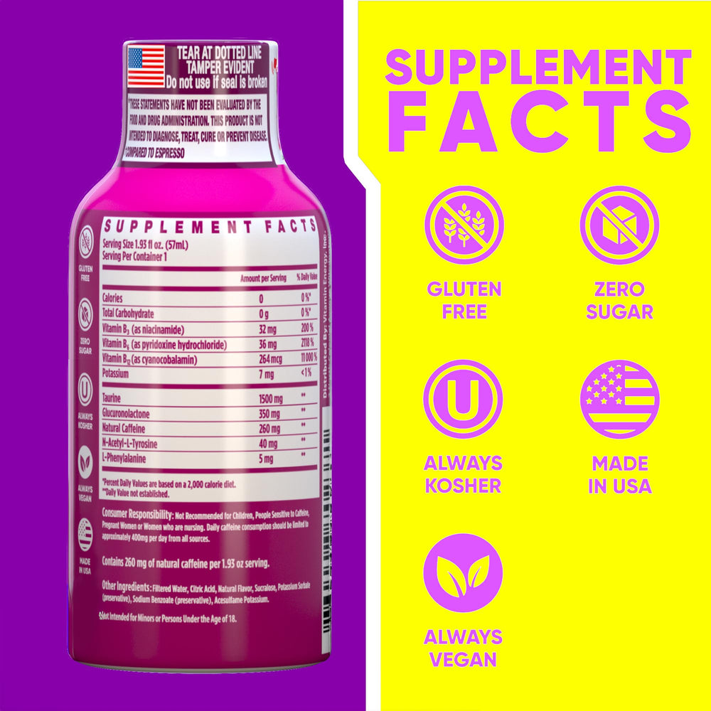 Vitamin Energy B12 pink-berry shot pour highlights caffeine boost for focus