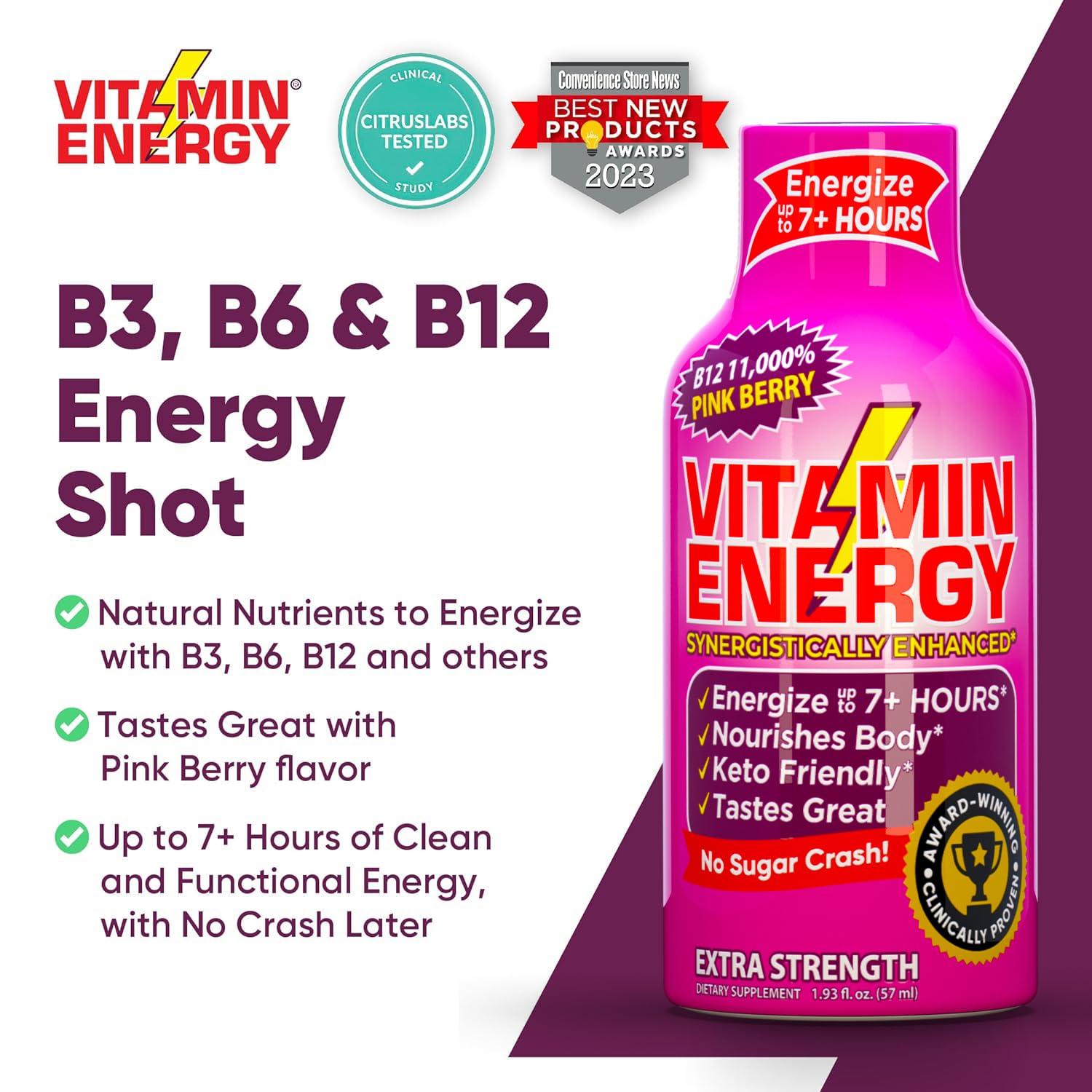 Vitamin Energy B12 shot pink berry vegan and gluten-free icons.