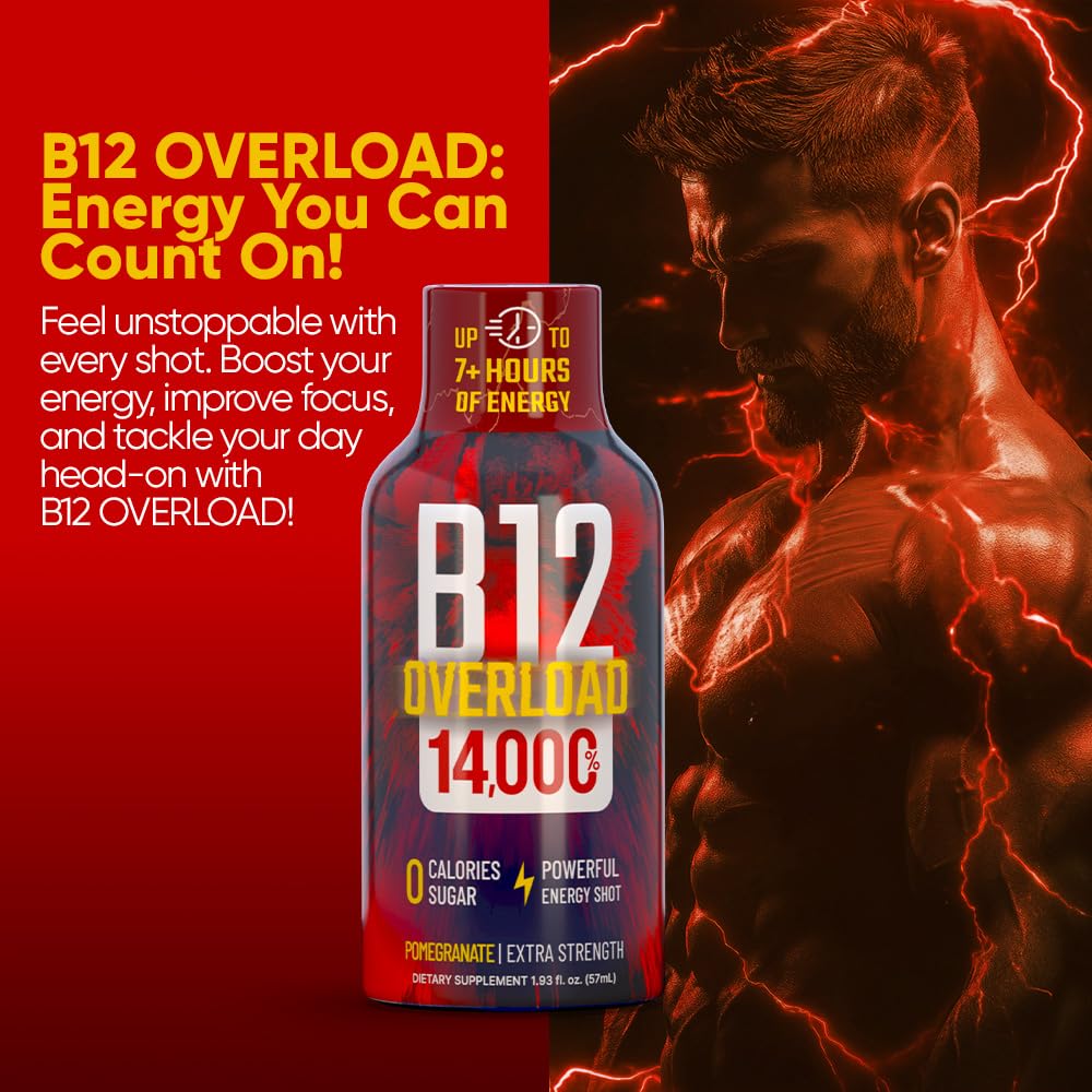 Vitamin Energy B12 Overload bottle pour suggests quick, sustained alertness.