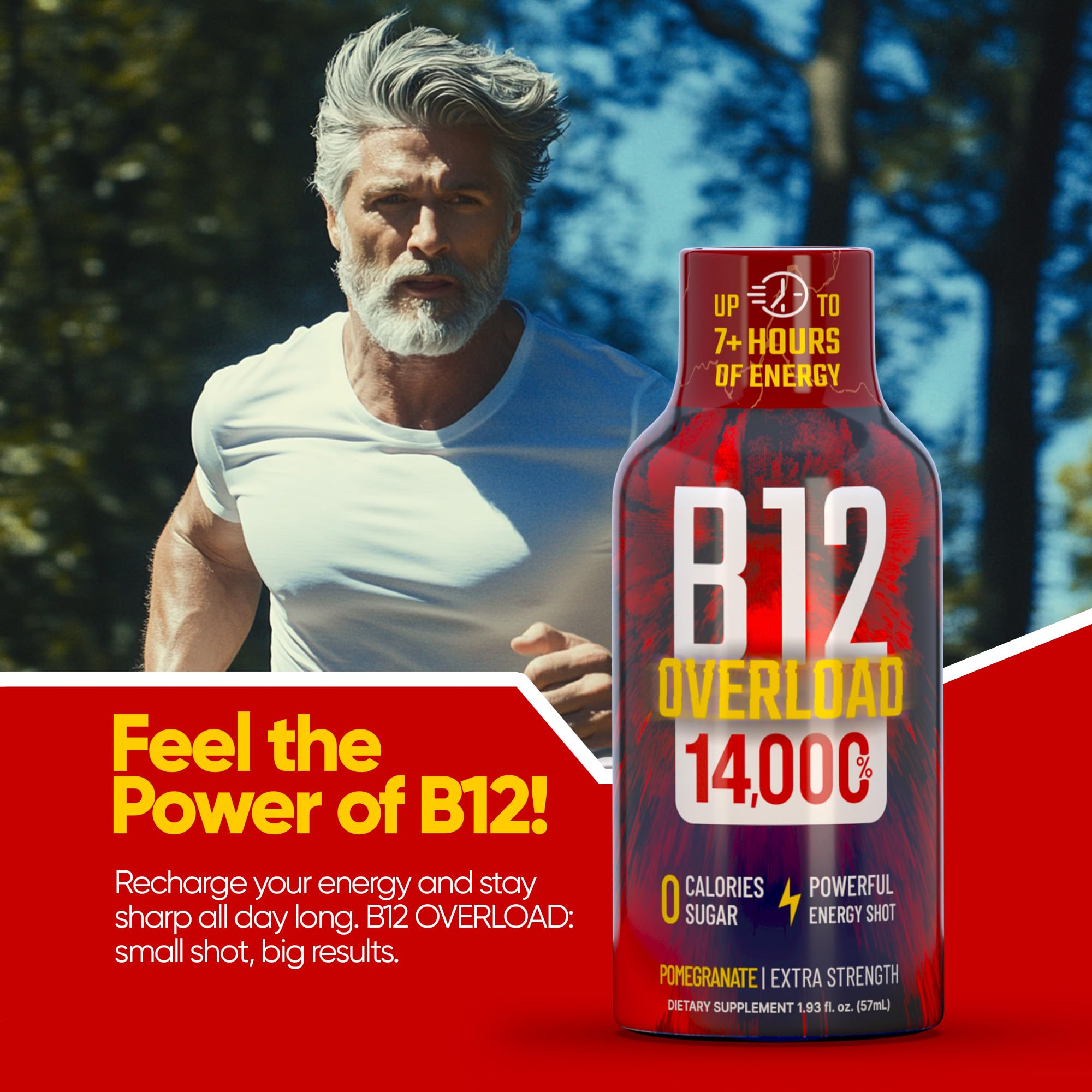 Vitamin Energy B12 Overload shot color signals vibrant pomegranate flavor.